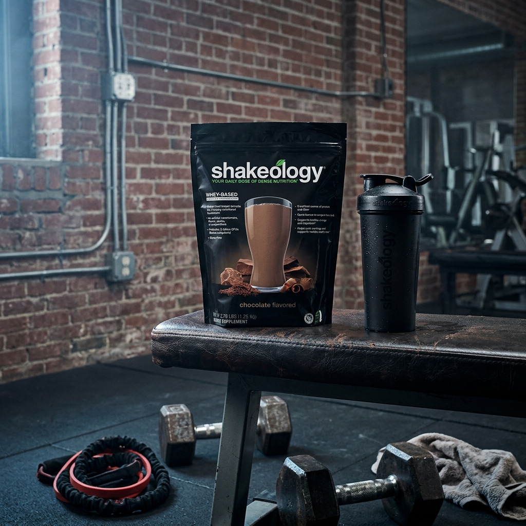 Shakeology on gym bench with dumbbells and shaker bottle