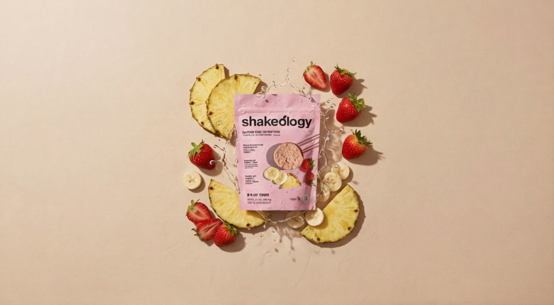 Shakeology Tropical Strawberry with fresh fruit ingredient styling
