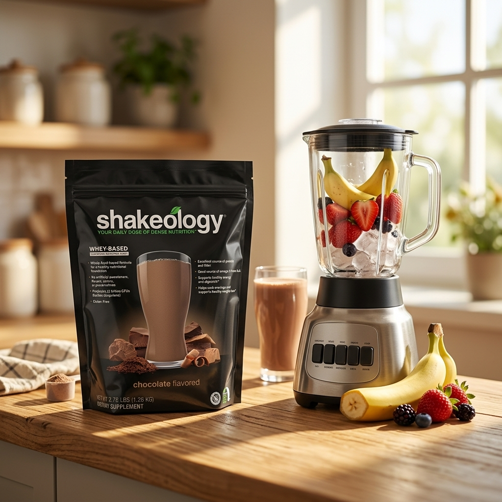 Shakeology on kitchen counter with fresh fruits and blender