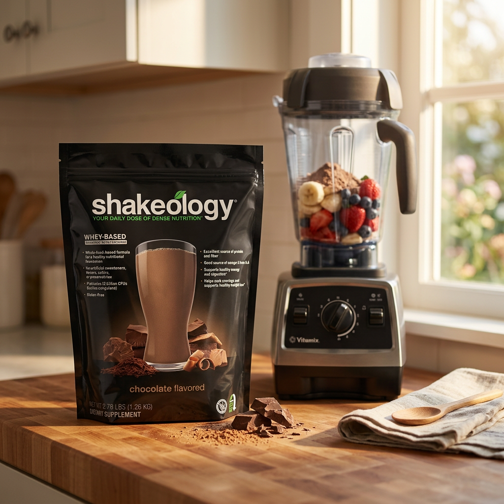 Shakeology on kitchen counter with blender, alternate angle