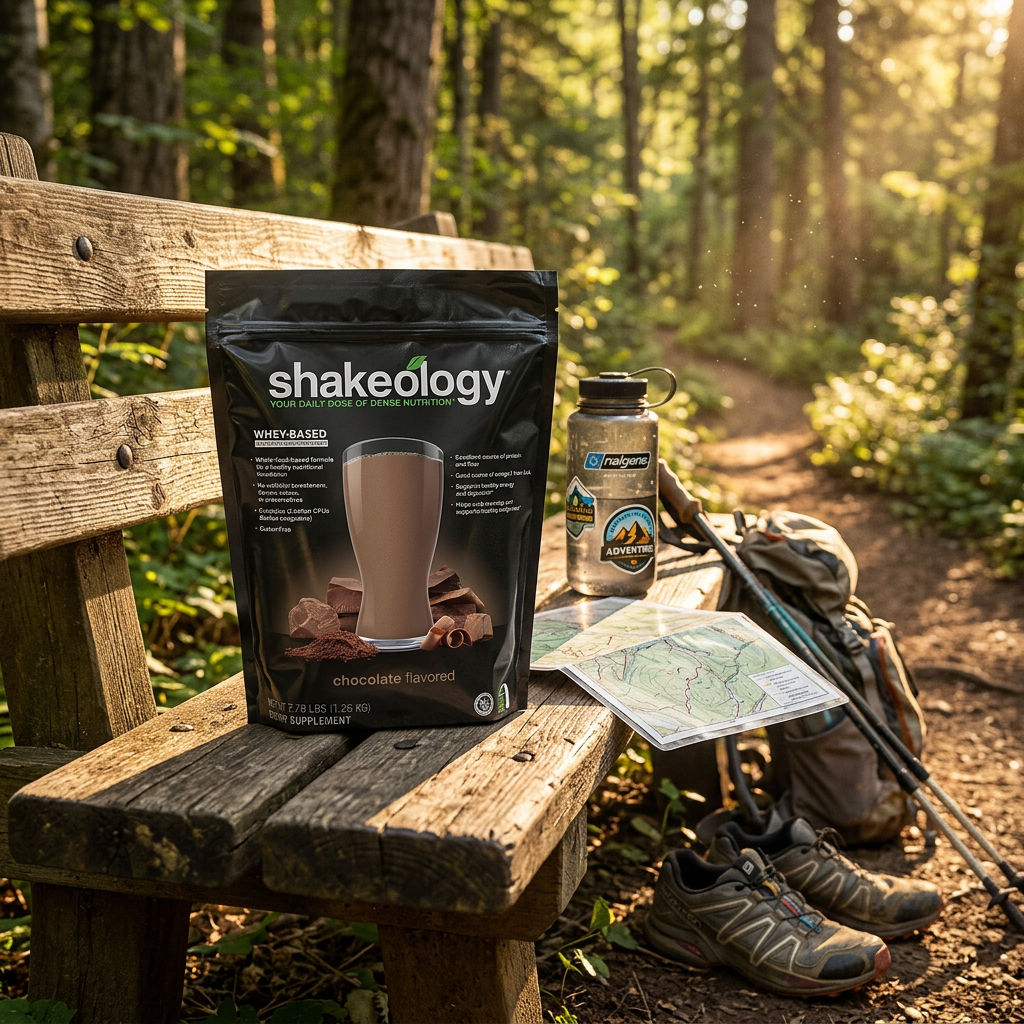 Shakeology on rustic trail bench with hiking gear