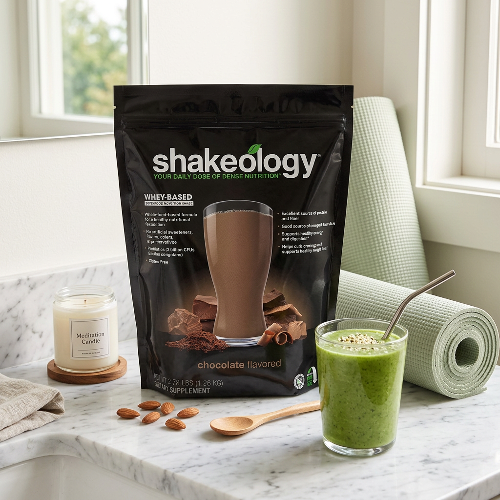 Shakeology on marble counter with yoga mat and smoothie